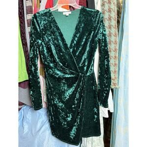 Vintage A'GACI Green Crush velvet Long Sleeve V Neck Bodycon dress Size M